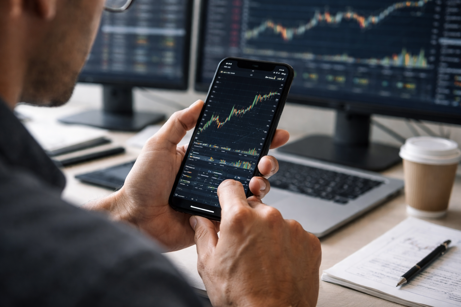 A trader analyzes a financial price chart on a smartphone while multiple market charts display on monitors in the background.